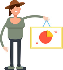 Woman in Hat Character Holding Pie Chart Signage
