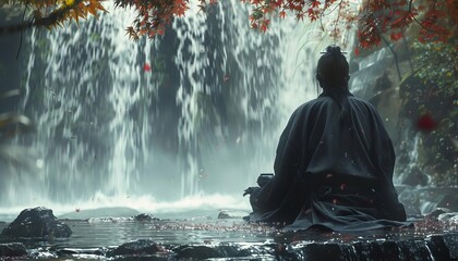 Obraz premium A samurai sitting quietly in meditation under a waterfall, seeking spiritual clarity before a battle