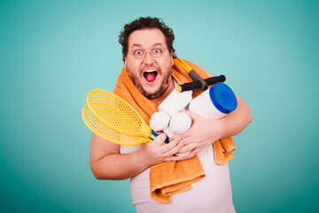 Funny fat man and sporty lifestyle. Fitness bad habits. Blue background.