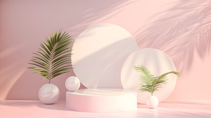 Fototapeta premium Product podium 3d. Empty podium or pedestal display pink background with cylinder stand,abstract blank product shelf standing backdrop,front view focus ideal luxury sleek pedestal pictorial space