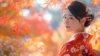 Attractive asian woman wearing kimono in autumn, A Japanese-style girl. Generative AI illustration 