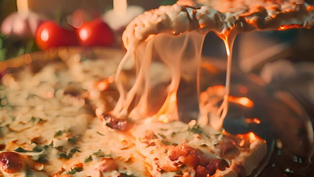 Hot Cheesy Pizza Slice Being Lifted with Toppings with Ai generated.
