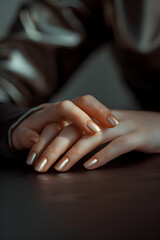 Fashionable Woman's Hand adorned with UV Gel Nails in Rose Gold