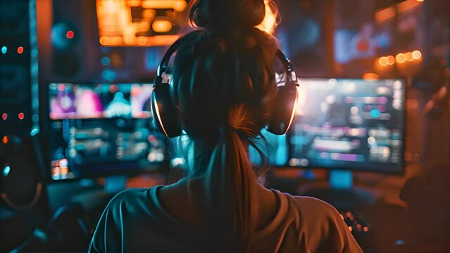 Focused Female Gamer in a Vibrant Gaming Setup with Ai generated.
