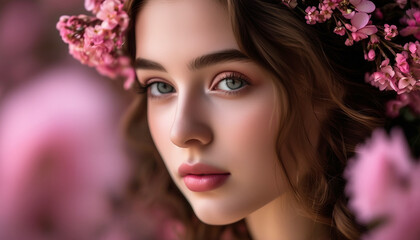 Portrait of a young woman adorned with pink flowers in her hair and background
