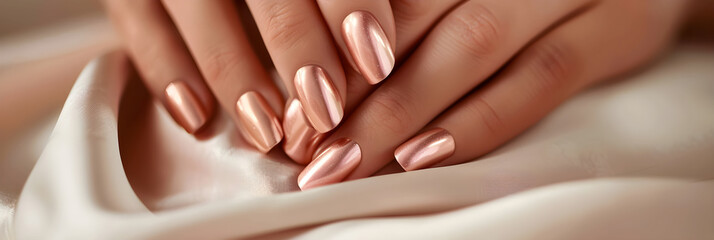 Fashionable Woman's Hand adorned with UV Gel Nails in Rose Gold