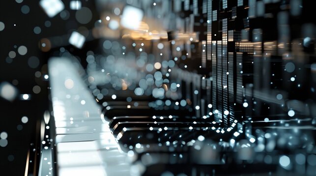The image is a black and white photo of a piano with a spotlight on the keys