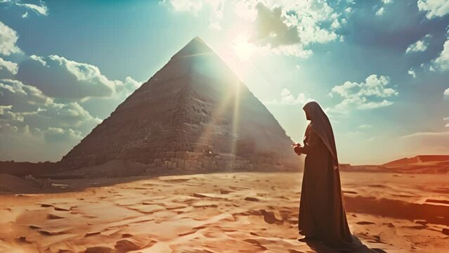 Silhouette of a Person by the Pyramid at Sunset with Ai generated.
