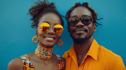 A fashionable Stylish Afroamerican couple wearing vibrant summer outfits pose confidently. Attractive couple African Couple in Vibrant Summer Attire Against Blue Background
