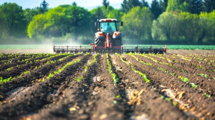 Farmers on tractors planting crops with seeders in freshly plowed fields, creating rows of new crops