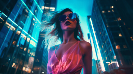 portrait of a girl against the background of the night streets of a modern city, with neon lights and glow, blue color