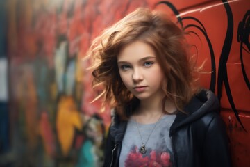 Naklejka premium portrait of a young beautiful girl on the background of a brick wall with graffiti, modern style and fashion, lifestyle