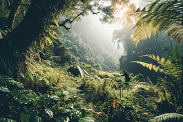 Fototapeta na wymiar Lifestyle of explorers camping in a tropical rainforest, Illustration of a cozy tent and a campfire dense rainforest exotic flora tropical paradise, Ai generated