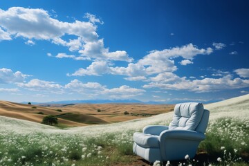 armchair surrounded by a beautiful landscape, summer season, field and sky, horizon over plain