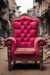 A luxurious vintage armchair on a ruined street