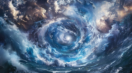 An abstract painting featuring a striking blue swirl set in the vast expanse of the ocean, capturing the dynamic movement and energy of the water