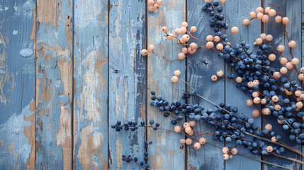 Indigo and peach berries arranged elegantly on faded wooden planks  a Memorial Day tableau.