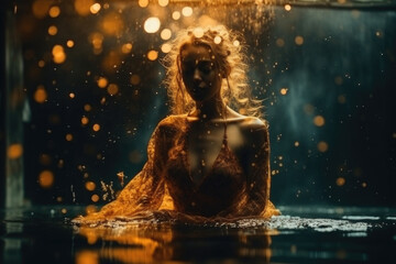 Naklejka premium A woman standing in a body of water with her hair blowing in the wind
