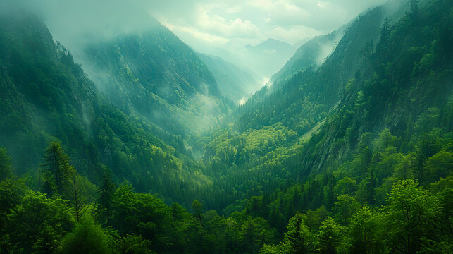 A green valley with trees and fog.