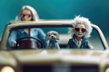 Two small figurines are seated in the rear of a toy car, appearing to be on a playful journey