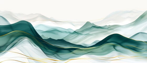 Minimalistic vector background with golden lines, waves and green blue mountains in the style of Japanese minimalism (kitchen glass)