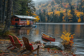 Cozy autumnal scene with a camper van parked by a lake, surrounded by vibrant fall foliage and a canoe nearby