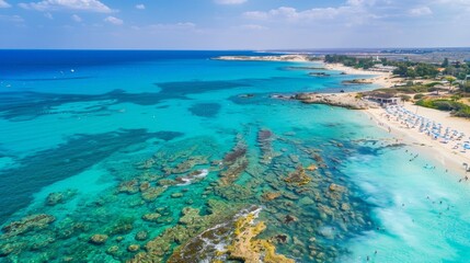Fototapeta na wymiar Nissi beach white sands turquoise waters, ideal for water sports family holidays in cyprus
