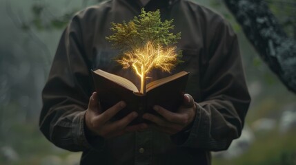 Reviving nature  man s glowing book brings life to a barren tree, sparking vitality
