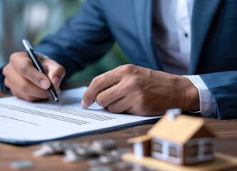 Fototapeta premium Businessman, broker or lender signing real estate investment, mortgage or home loan agreement, contract, professional document