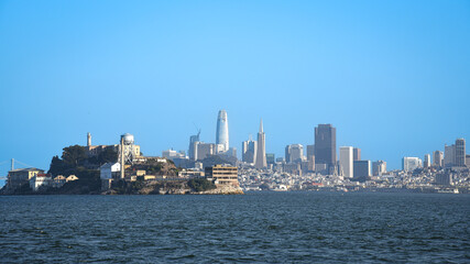 Alcatraz Island and San Francisco Skyline seen from a Boat on the Bay