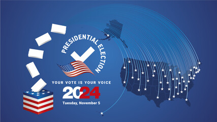 Presidential Election, 2024. USA political election campaign info graphic banner with blue background. USA Voting Day 2024. Ballots fly into the ballot box. USA flag and map on blue background