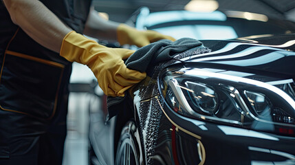 A man cleaning black car with microfiber cloth