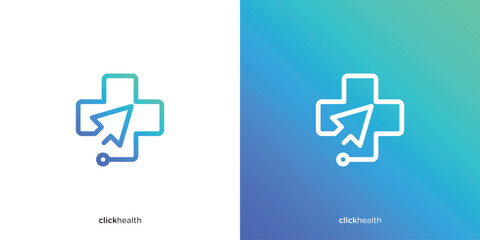 Obraz premium Simple Click Health Logo. Cross Health with Click Symbol, Online Clinic or Hospital Drug Store Logo and Others.