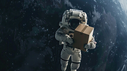 Astronaut with cardboard box delivery in space