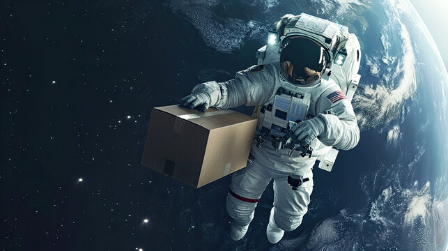 Astronaut with cardboard box delivery in space