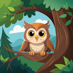 Cartoon owl sitting on a branch on a blue background with trees and sky in the background