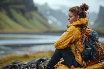 A contemplative woman in a yellow raincoat sits with a backpack, enjoying solitude in a rainy mountain scene