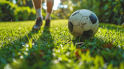 A soccer ball is on the grass next to a person
