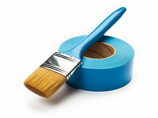 A blue paint brush and roll of tape.