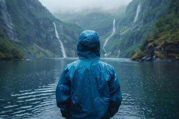 Rear view of a traveler in a raincoat admiring a misty fjord landscape with cascading waterfalls...