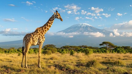 Obraz premium Giraffe in kenya national park with majestic mount kilimanjaro in the background, africa