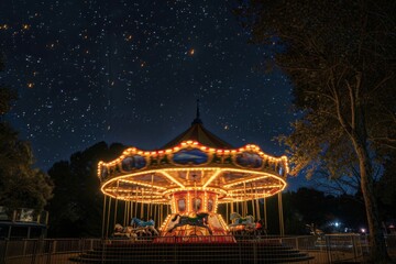 Carousel spinning against a backdrop of city lights