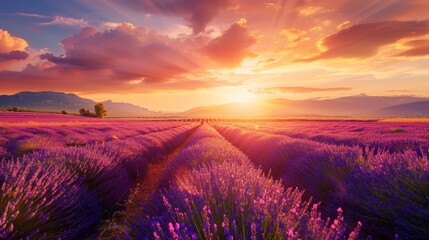 Picturesque lavender fields in provence, valensole  popular sunset photography spot in france