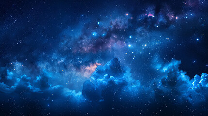 The sky is filled with stars and clouds, creating a serene