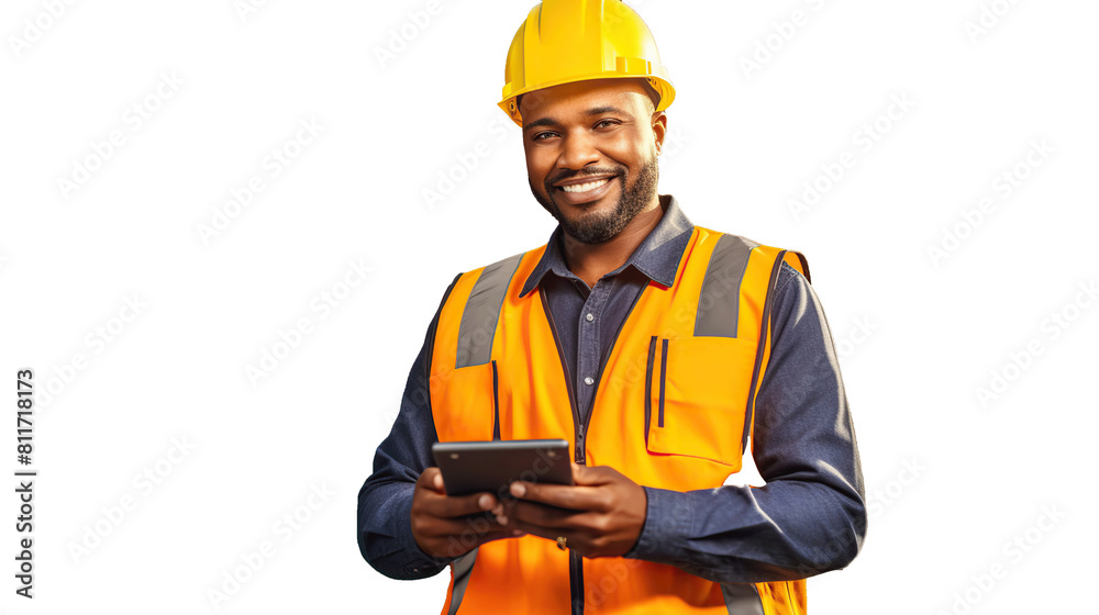 Wall mural Portrait of engineer construction man holding digital tablet or computer notebook. Image of industry. White transparent background.