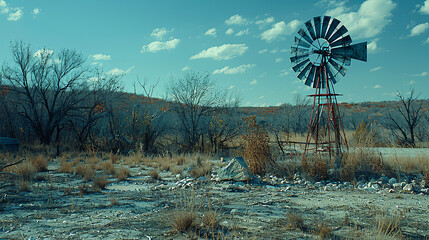 A windmill is in the middle of a field with trees in the background