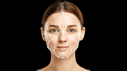 Biometric facial recognition of calm young woman , isolate on black background
