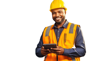 Portrait of engineer construction man holding digital tablet or computer notebook. Image of industry. White transparent background.