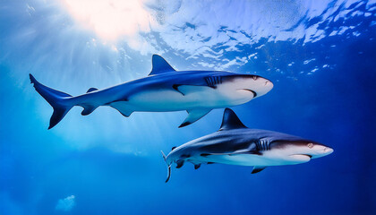 Obraz premium 太陽の光が溶け込む青い海を泳ぐサメ
