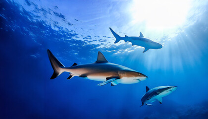 太陽の光が溶け込む青い海を泳ぐサメ